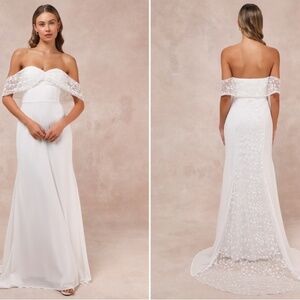 LULU's Bridal Wedding Romantic Sexy Off the Shoulder Flowy Mermaid Gown
